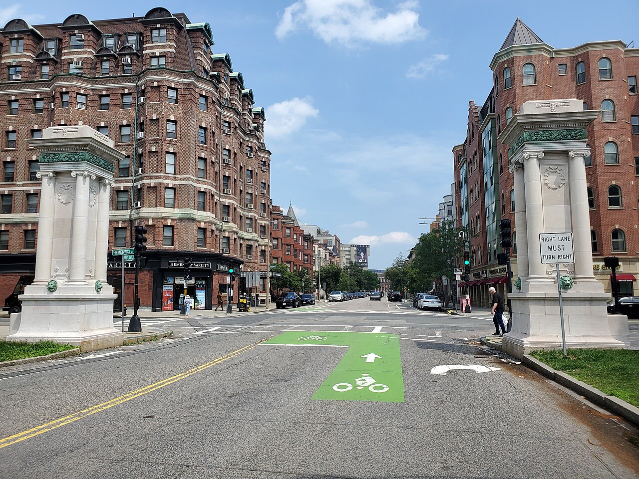 The two Westland Gate monuments frame a street view of Westland Avenue in Boston, photographed July 6, 2021.