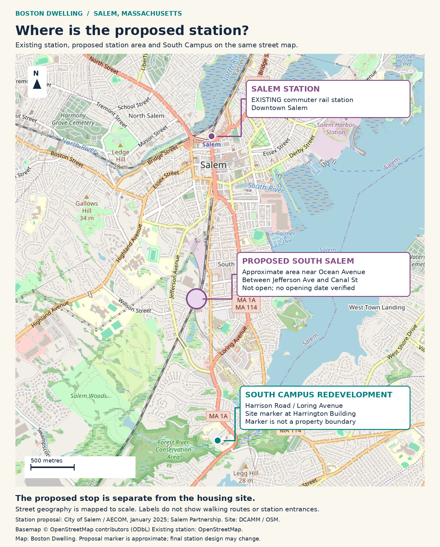 Real street map of Salem showing existing downtown Salem station, approximate proposed South Salem station area near Ocean Avenue, and former South Campus at Harrison Road and Loring Avenue.
