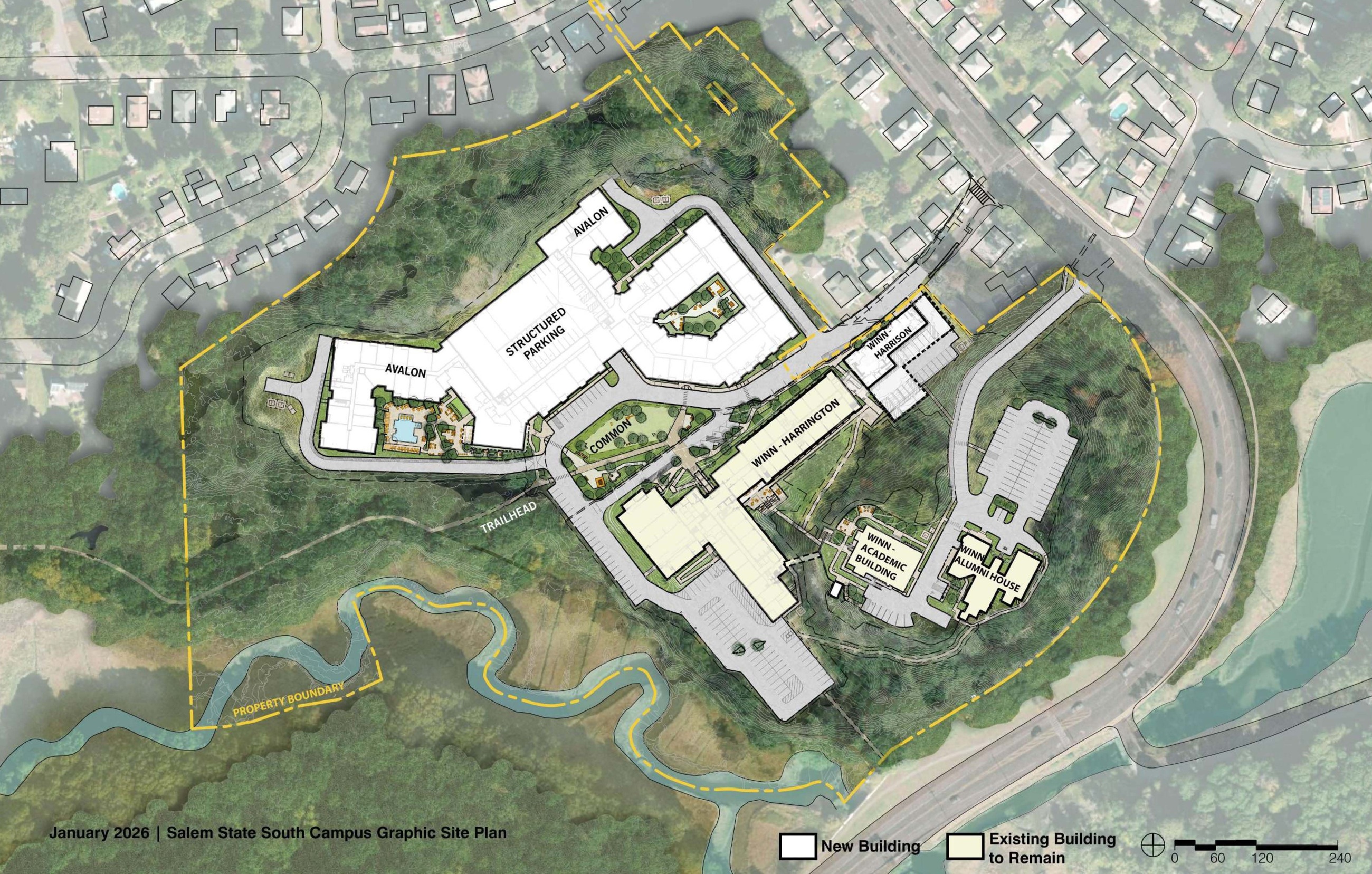 Actual developer graphic site plan identifying Avalon new construction and structured parking, Winn Harrison, Harrington, Academic and Alumni buildings, common and trailhead.