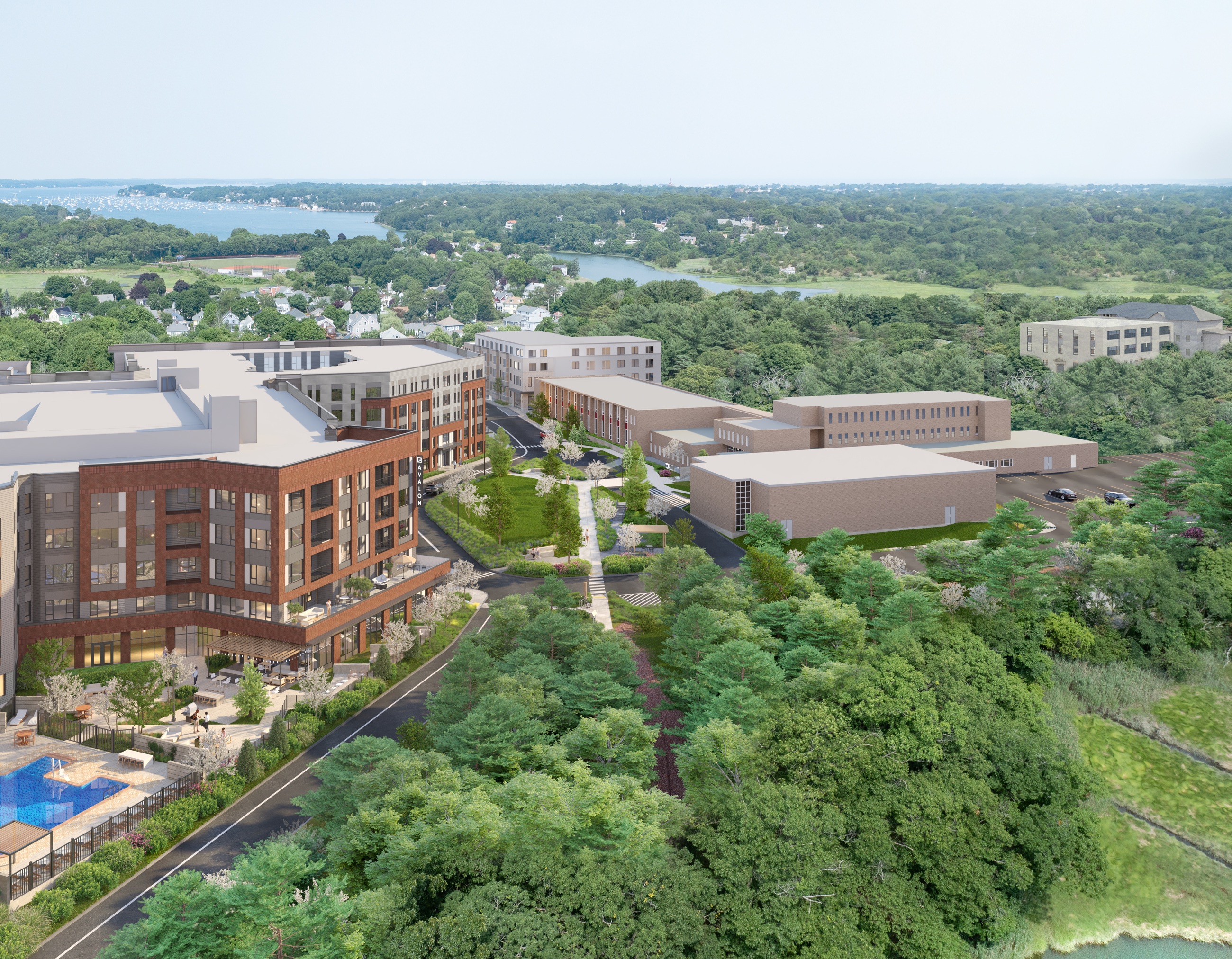 Developer aerial rendering of the proposed South Campus redevelopment, showing new Avalon housing beside the retained campus buildings and central common.