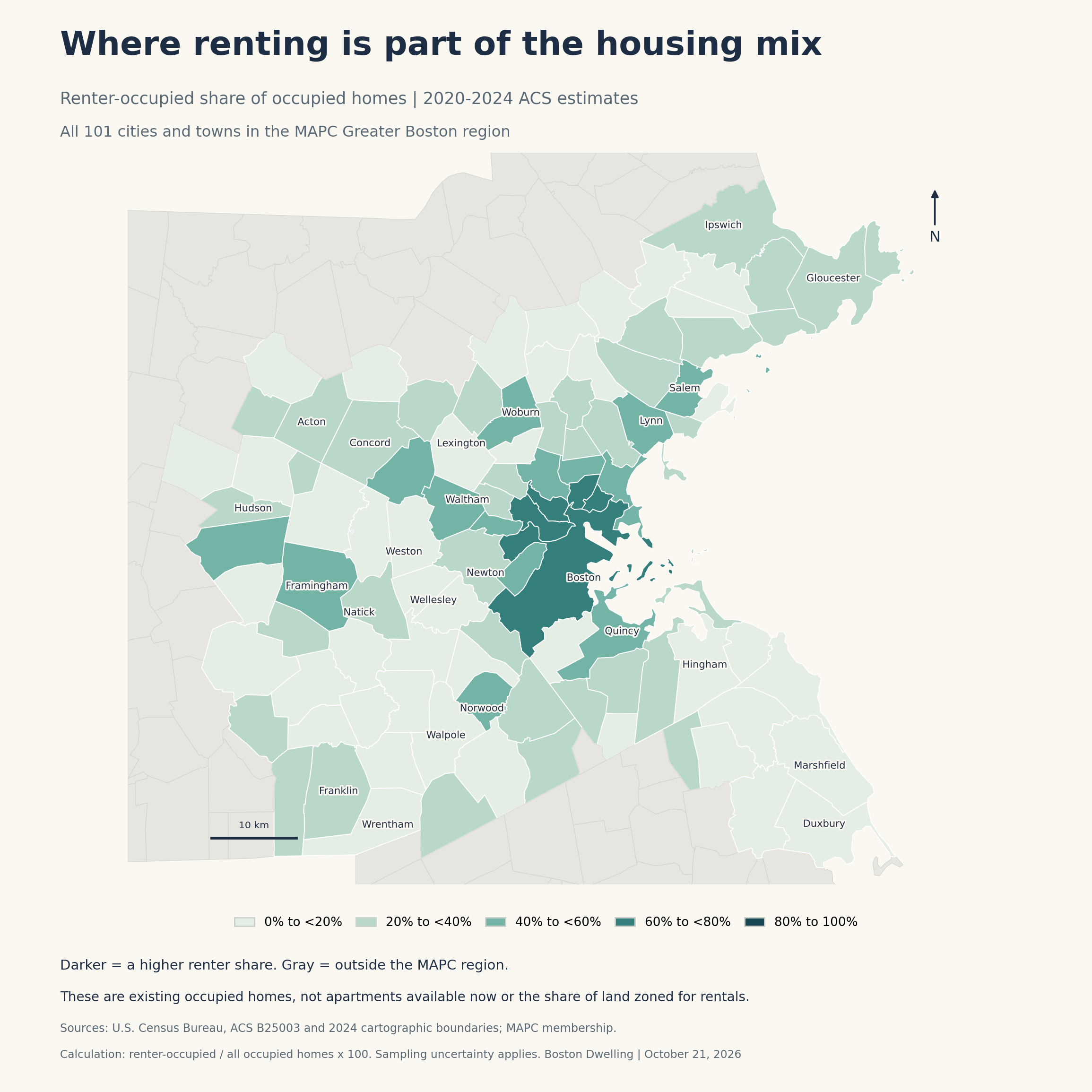 Shaded map of all 101 MAPC Greater Boston municipalities. Darker teal indicates a higher renter-occupied share of occupied homes. Surrounding municipalities are gray.